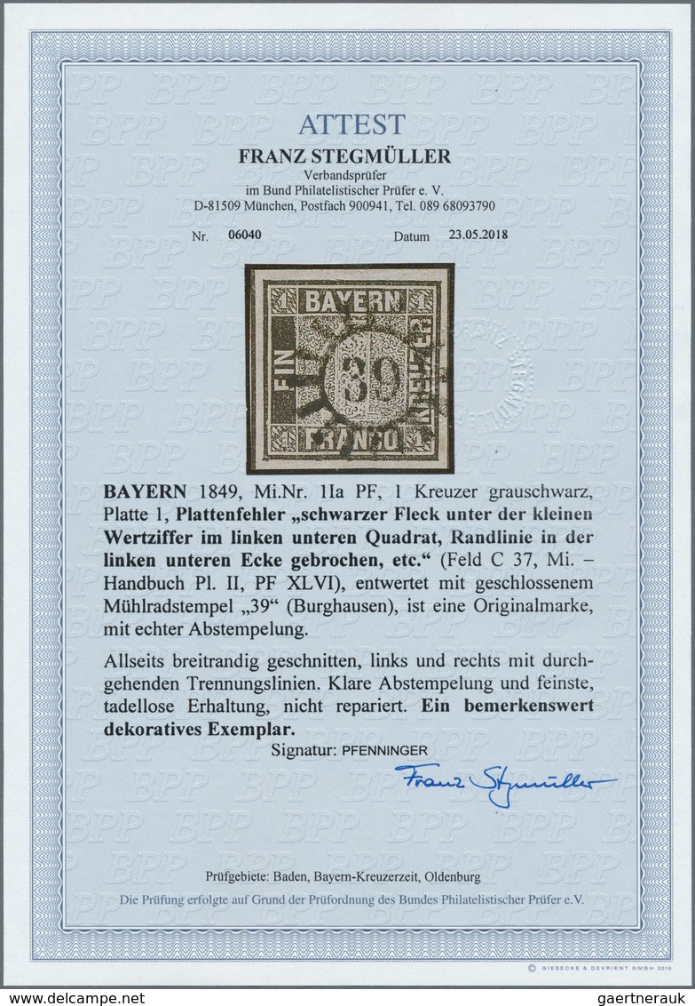 01172 Bayern - Marken Und Briefe: 1849, Schwarzer Einser 1 Kr. Grauschwarz, Platte 1 Mit Plattenfehler XLV - Andere & Zonder Classificatie