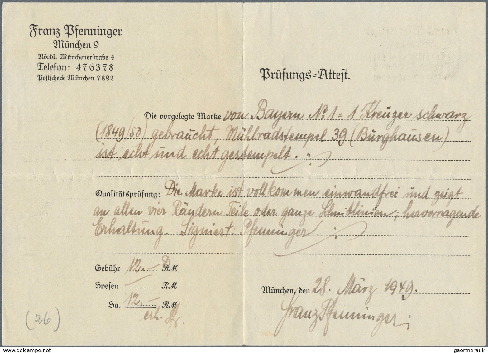 01172 Bayern - Marken Und Briefe: 1849, Schwarzer Einser 1 Kr. Grauschwarz, Platte 1 Mit Plattenfehler XLV - Sonstige & Ohne Zuordnung