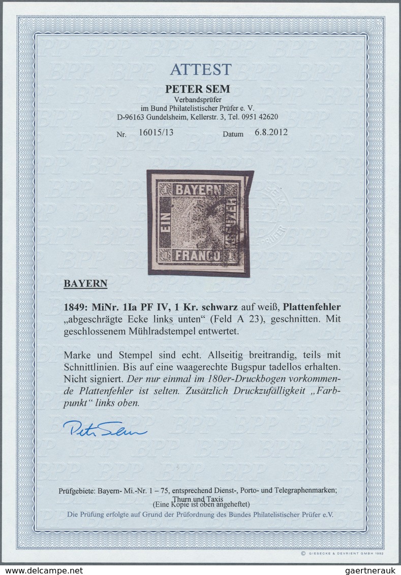 01173 Bayern - Marken Und Briefe: 1849, Schwarzer Einser 1 Kr. Schwarz, Platte 1 Mit Plattenfehler: Abgesc - Autres & Non Classés