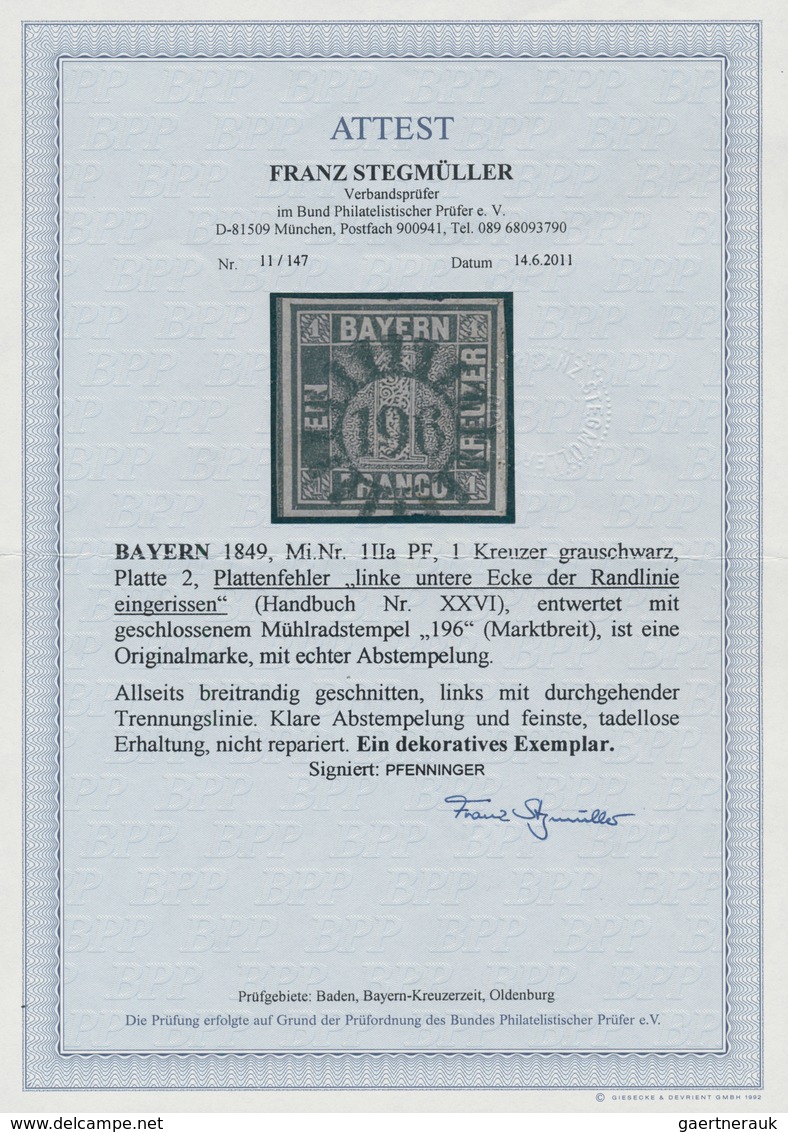 01182 Bayern - Marken Und Briefe: 1849, Schwarzer Einser 1 Kr. Schwarz, Platte 2 Mit Handbuch-Plattenfehle - Otros & Sin Clasificación