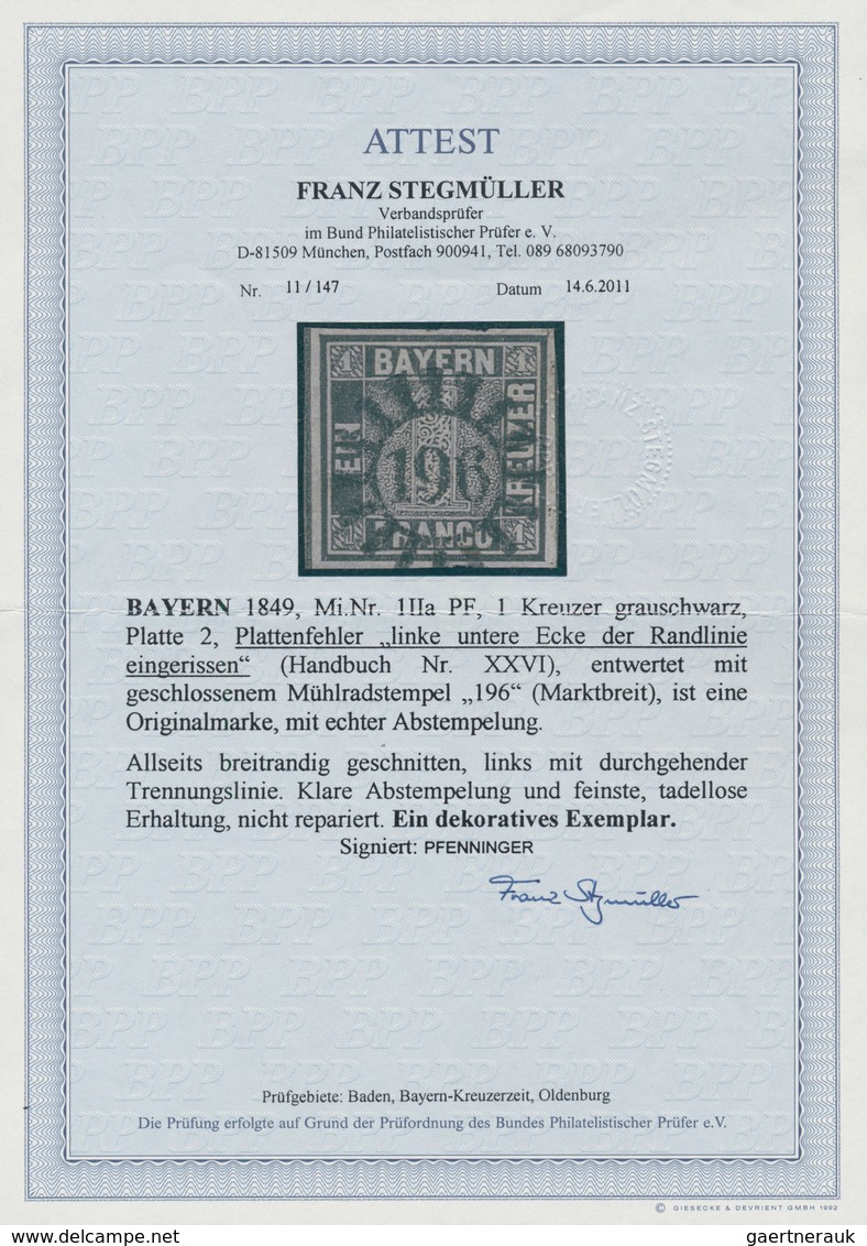 01182 Bayern - Marken Und Briefe: 1849, Schwarzer Einser 1 Kr. Schwarz, Platte 2 Mit Handbuch-Plattenfehle - Autres & Non Classés