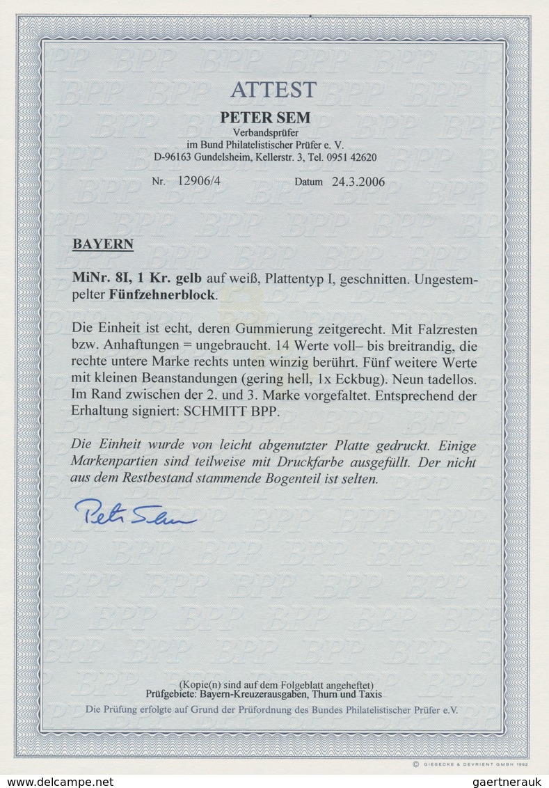 01188 Bayern - Marken Und Briefe: 1862, 1 Kreuzer Gelb Im Ungebrauchten FÜNFZEHNER-BLOCK Der Platte I Mit - Autres & Non Classés