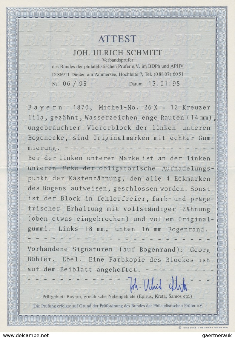 01196 Bayern - Marken Und Briefe: 1870, 12 Kr. Lila, Wasserzeichen Enge Rauten Im Ungebrauchten Viererbloc - Sonstige & Ohne Zuordnung