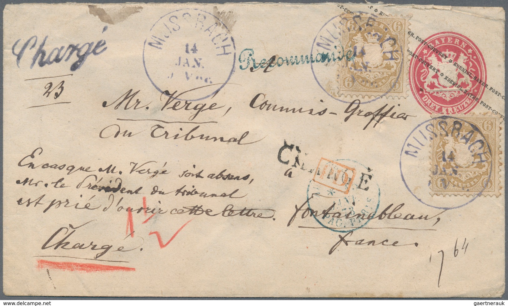 01203 Bayern - Ganzsachen: 1870, GA-Umschlag 3 Kr. Rosa, Klappenstempel 18mm Mit Zusatzfrankatur 2x 6 Kr. - Other & Unclassified