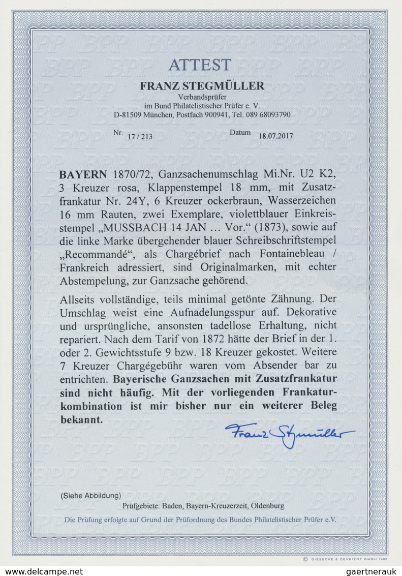 01203 Bayern - Ganzsachen: 1870, GA-Umschlag 3 Kr. Rosa, Klappenstempel 18mm Mit Zusatzfrankatur 2x 6 Kr. - Autres & Non Classés