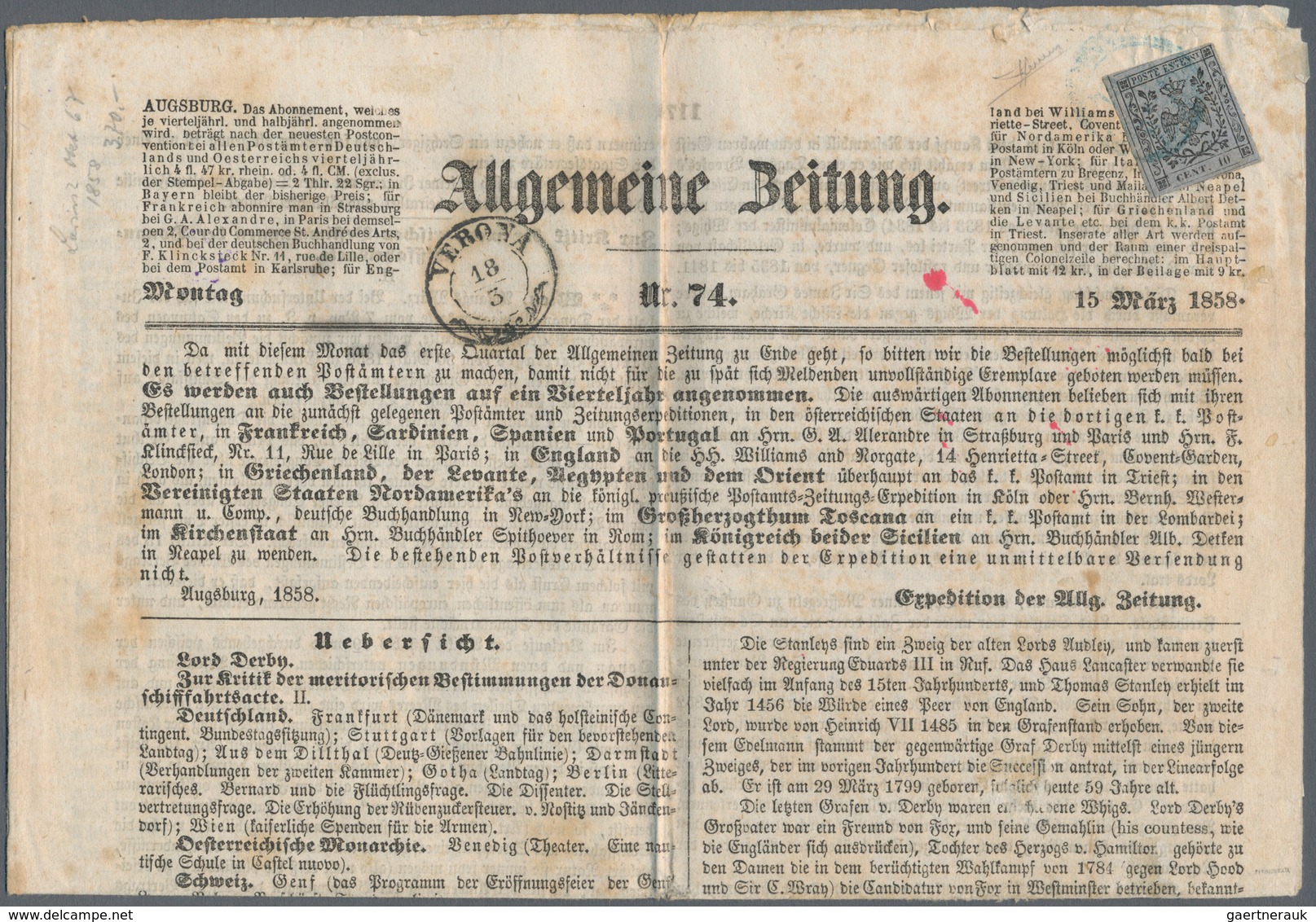 01204 Bayern - Besonderheiten: 1858 Augsburger "Allgemeine Zeitung" Vom 15. März 1858, Verschickt Nach Ver - Sonstige & Ohne Zuordnung