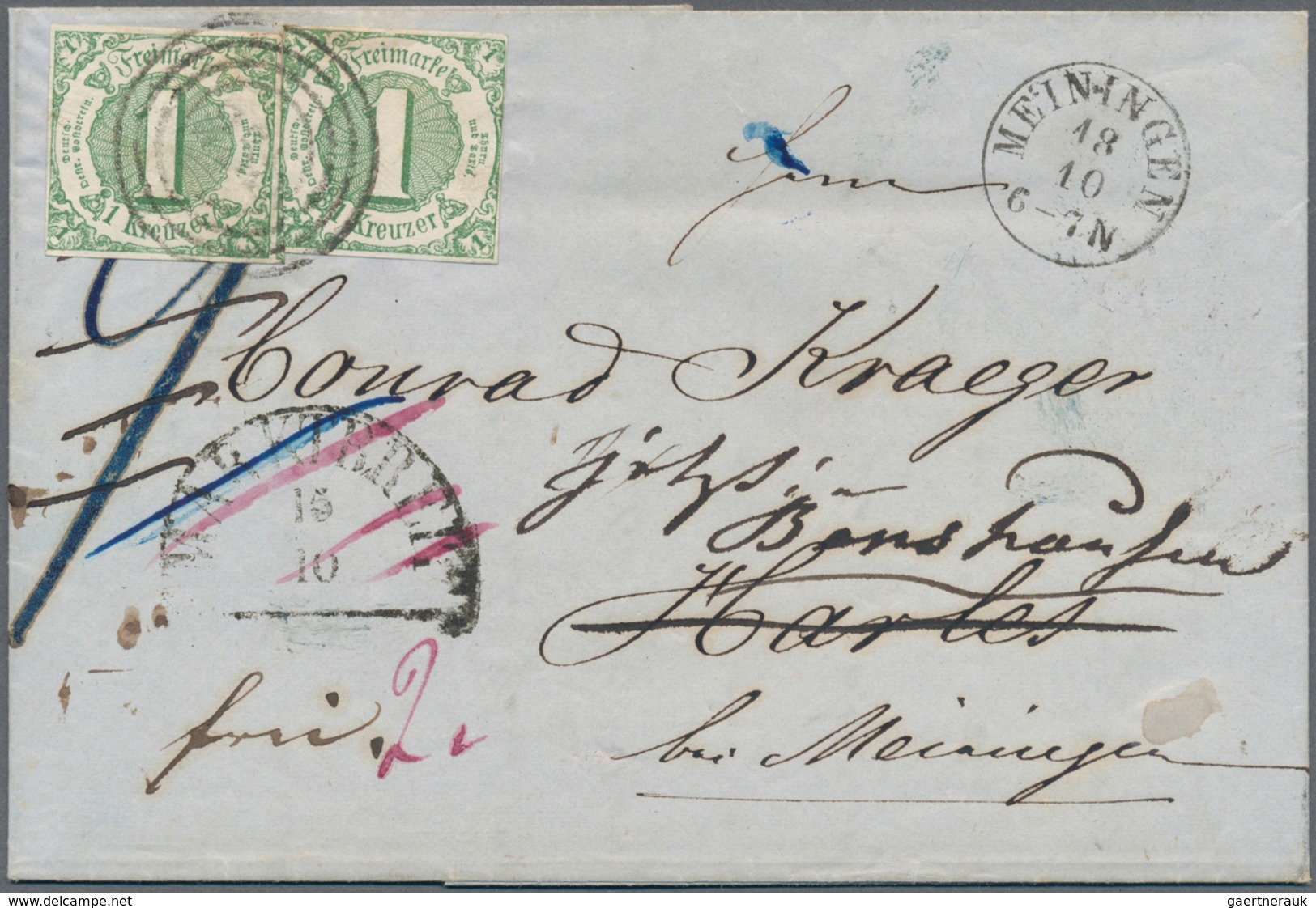 01205 Bayern - Besonderheiten: 1859, NACHSENDEBRIEF Marktbreit-Meiningen-Benshausen Mit Taxis 2x 1 Kr. Fra - Other & Unclassified