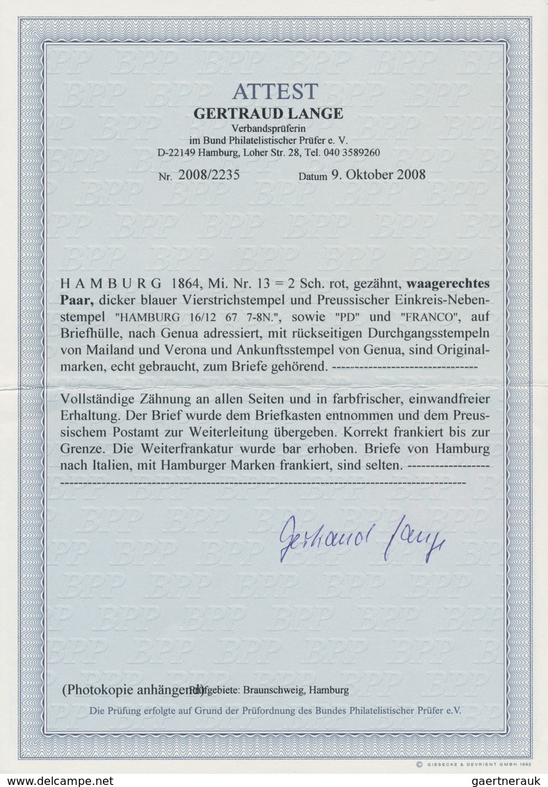 01207 Hamburg - Marken Und Briefe: 1864, 2 S Orangerot, Waagerechtes Paar, Entwertet Mit Blauem Vierstrich - Hamburg