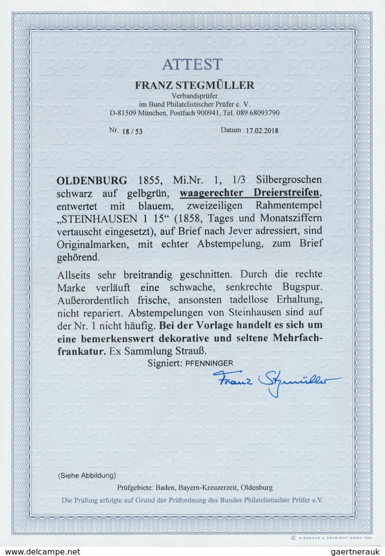 01211 Oldenburg - Marken Und Briefe: 1852: ? Sgr. Schwarz Auf Gelbgrün, Brief Mit Waagerechtem Dreierstrei - Oldenbourg