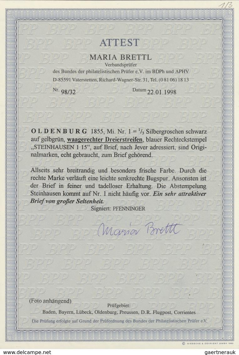 01211 Oldenburg - Marken Und Briefe: 1852: ? Sgr. Schwarz Auf Gelbgrün, Brief Mit Waagerechtem Dreierstrei - Oldenburg