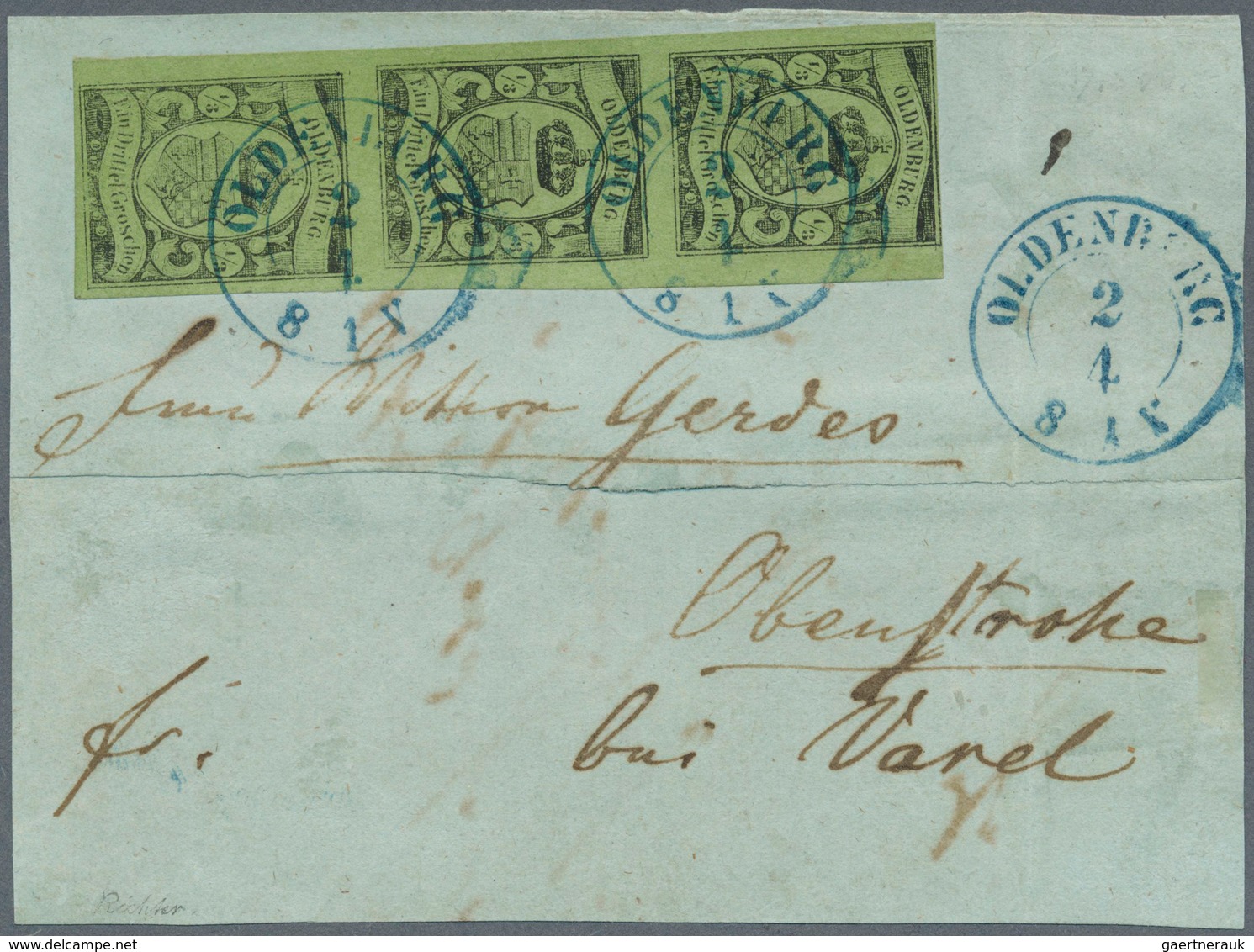 01219 Oldenburg - Marken Und Briefe: 1859/61: ? Gr. Schwarz Auf Grün, Senkrechter Dreierstreifen, Farbfris - Oldenburg