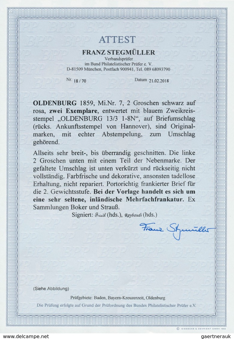 01221 Oldenburg - Marken Und Briefe: 1859/61: 2 Gr. Schwarz Auf Rosa, Sehr Seltene Mehrfachfranktur Von Zw - Oldenburg