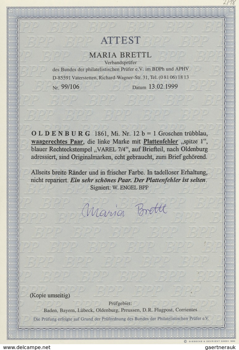 01224 Oldenburg - Marken Und Briefe: 1861: 1 Gr. Trübblau, Waagerechtes Paar, Die Linke Marke Mit Plattenf - Oldenburg