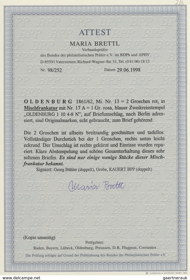 01226 Oldenburg - Marken Und Briefe: 1861/62: 2 Gr. Rot In MISCHFRANKTUR Mit Wappen 1 Gr. Rosa, Eng Durchs - Oldenburg