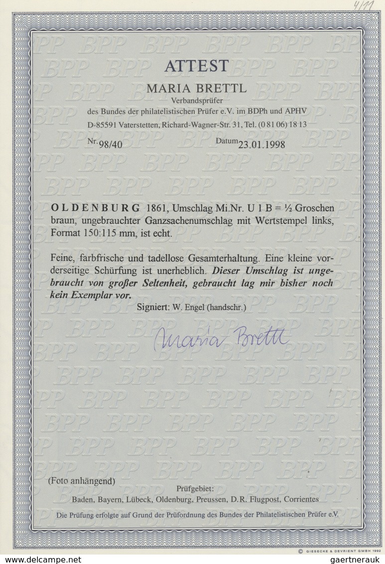 01231 Oldenburg - Ganzsachen: 1861: Ganzsachen-Umschlag, Wertstempel Links, ½ Gr. Braun, Großformat, Ungeb - Oldenburg