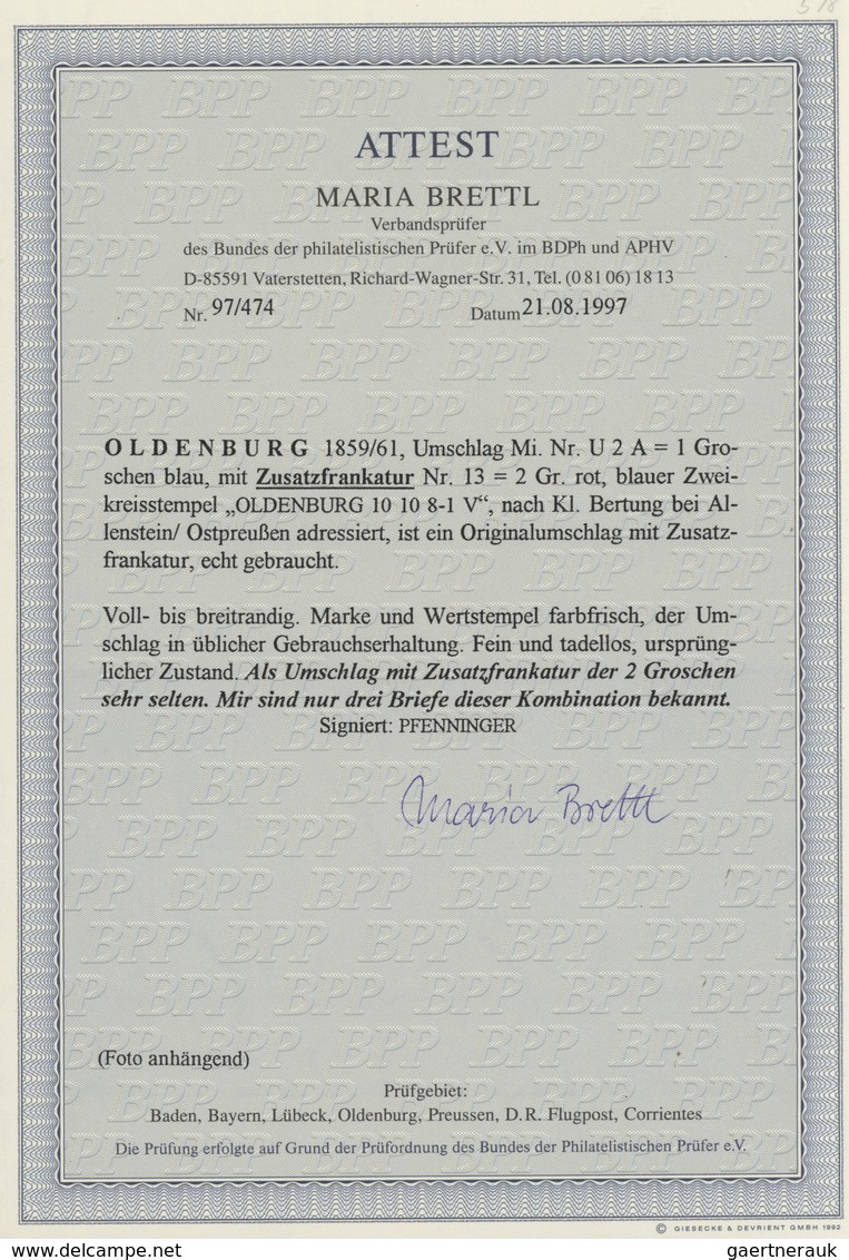 01232 Oldenburg - Ganzsachen: 1861: Ganzsachen-Umschlag, Wertstempel Links, 1 Gr. Blau, Kleinformat, Zufra - Oldenburg