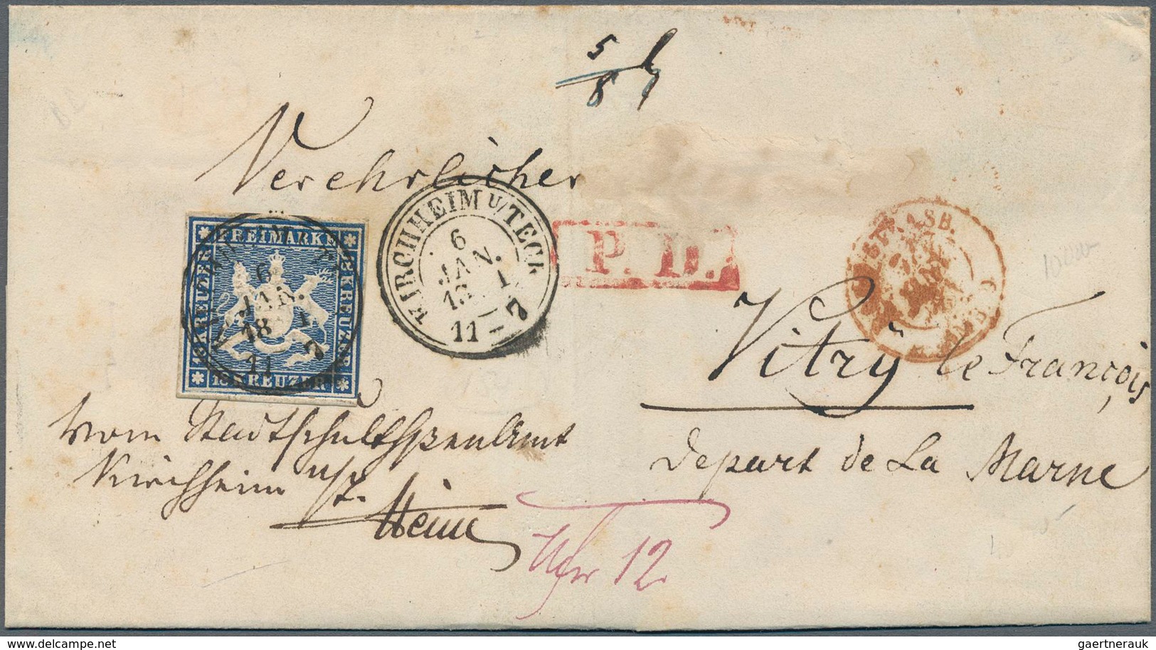 01247 Württemberg - Marken Und Briefe: 1859, Einzelfrankatur 18 Kr. Dunkelblau Ohne Seidenfaden Mit Platte - Autres & Non Classés