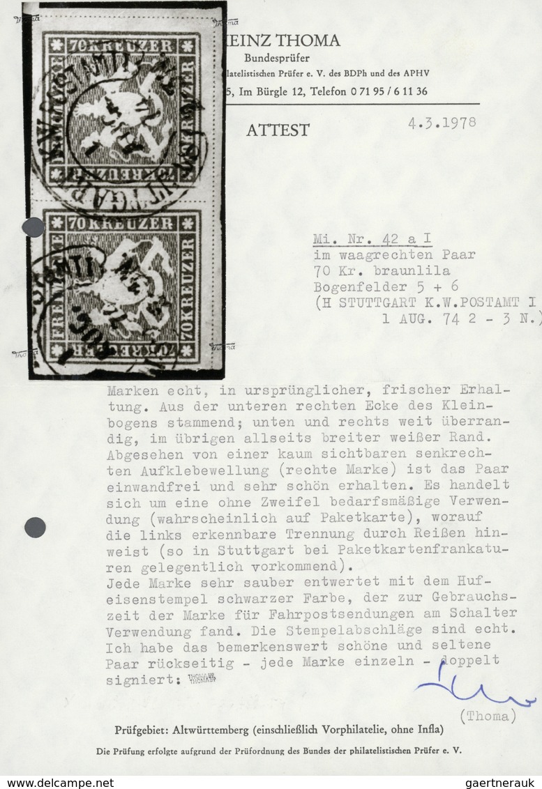 01250 Württemberg - Marken Und Briefe: 70 Kreuzer Braunlila, Waagerechtes Paar, Bogenfeld 5 Und 6, Mit Huf - Andere & Zonder Classificatie