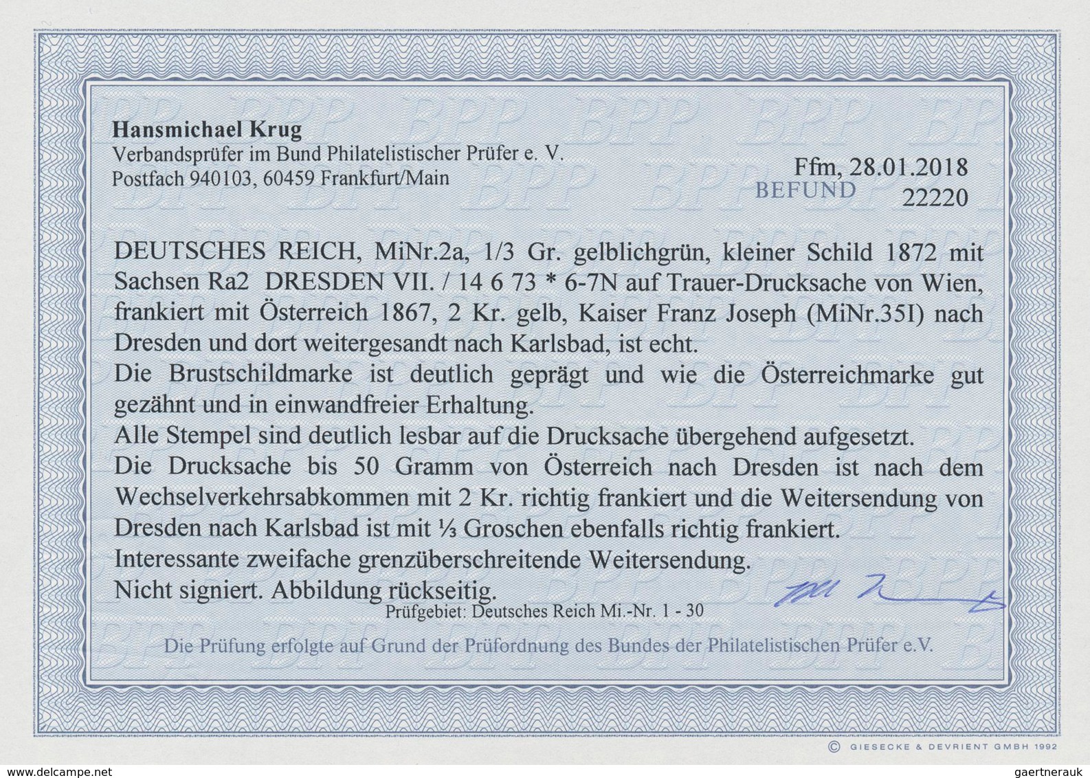 01258 Deutsches Reich - Brustschild: 1872 ZWEILÄNDER-FRANKATUR Kleiner Schild 1/3 Gr. Grün + Österreich Fr - Neufs