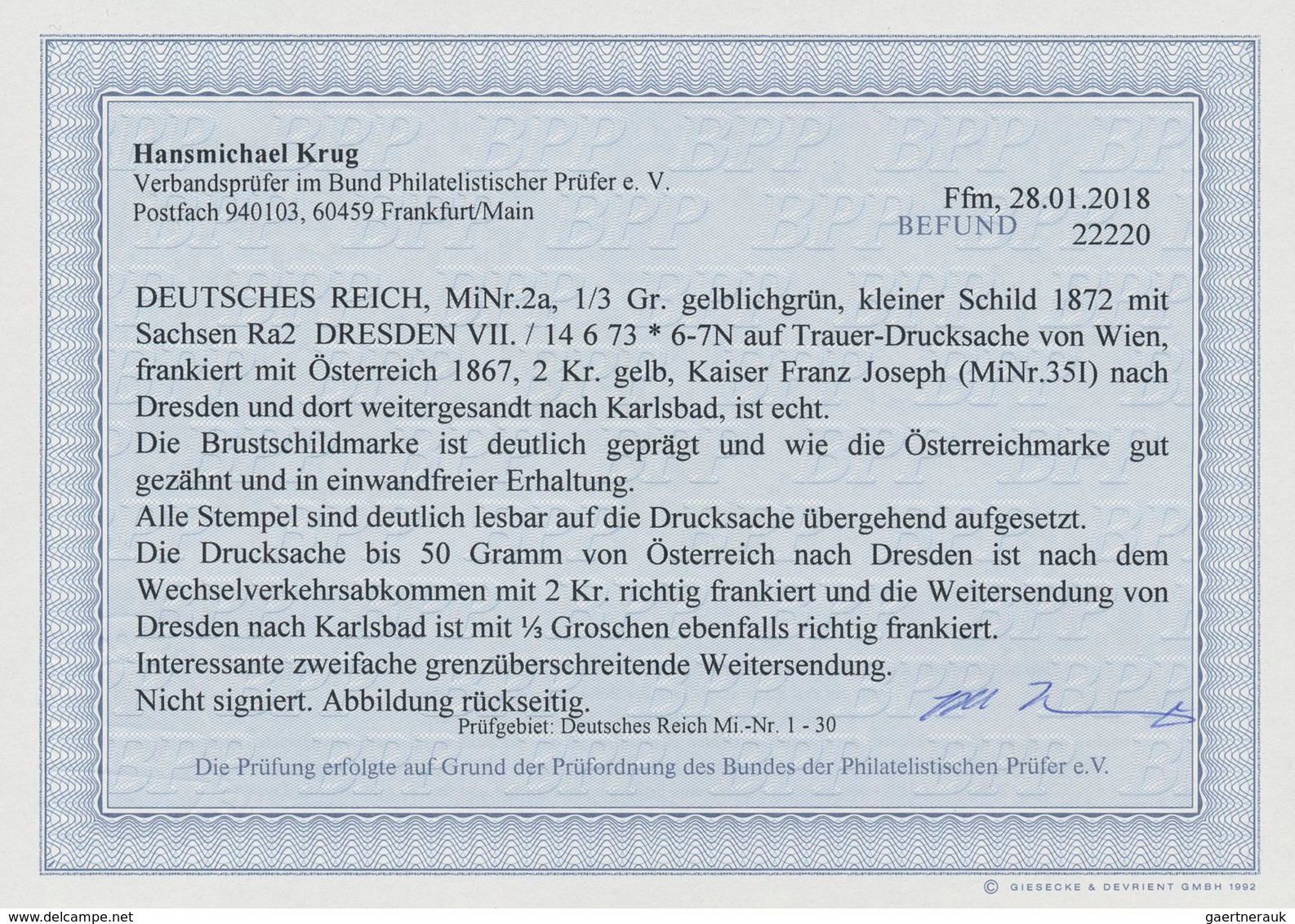 01258 Deutsches Reich - Brustschild: 1872 ZWEILÄNDER-FRANKATUR Kleiner Schild 1/3 Gr. Grün + Österreich Fr - Ongebruikt