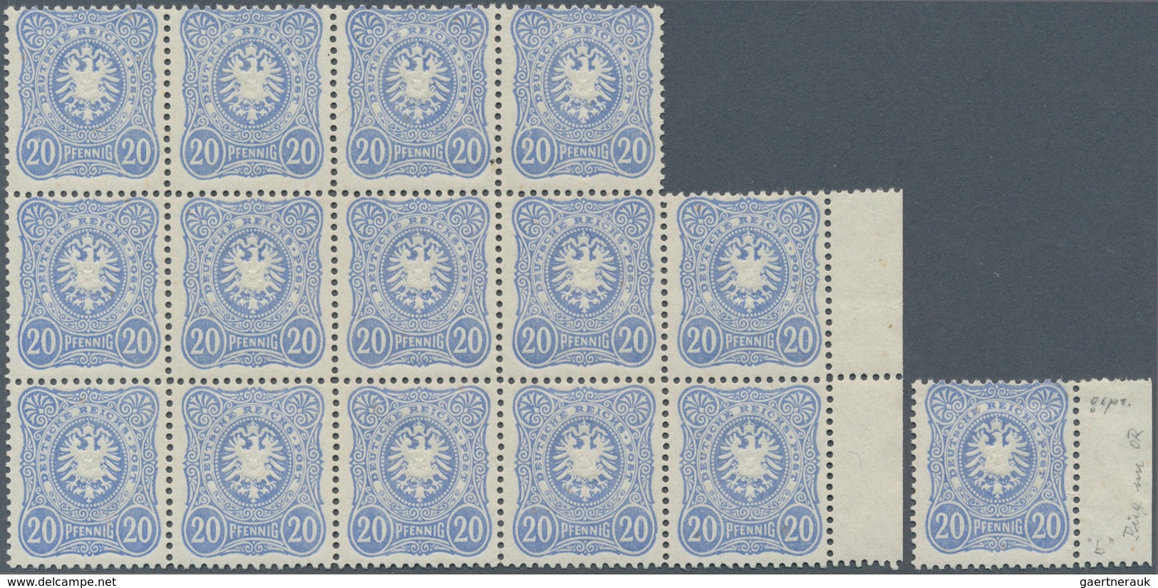 01265 Deutsches Reich - Pfennig: 1882 - 1885, 20 Pfennig Hellblau, Frühauflage Im 14er-Block + Einzelmarke - Neufs