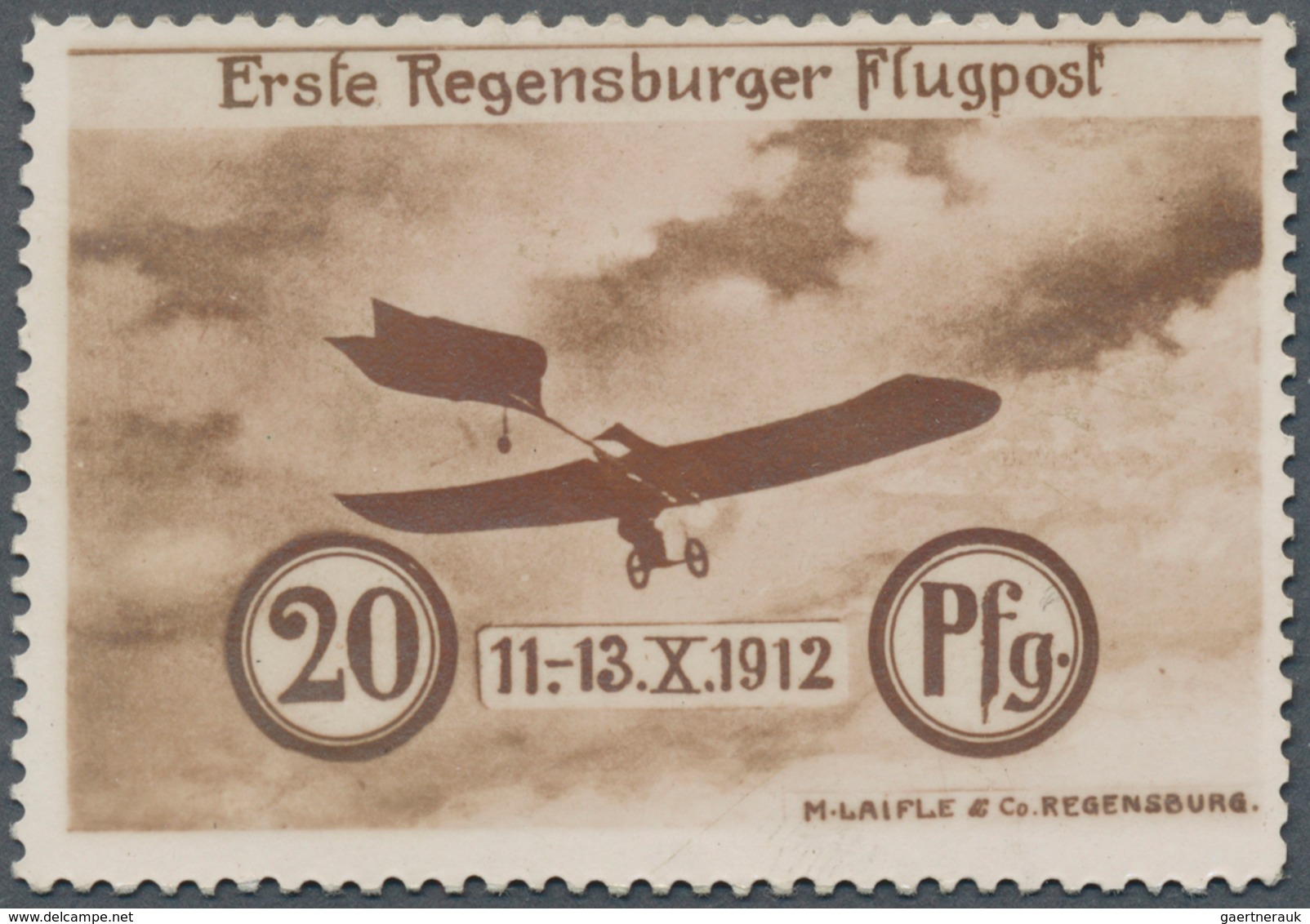 01281 Deutsches Reich - Halbamtliche Flugmarken: 1912, Regensburger Fliegertage. 20 Pf Braunrot "Erste Reg - Luft- Und Zeppelinpost