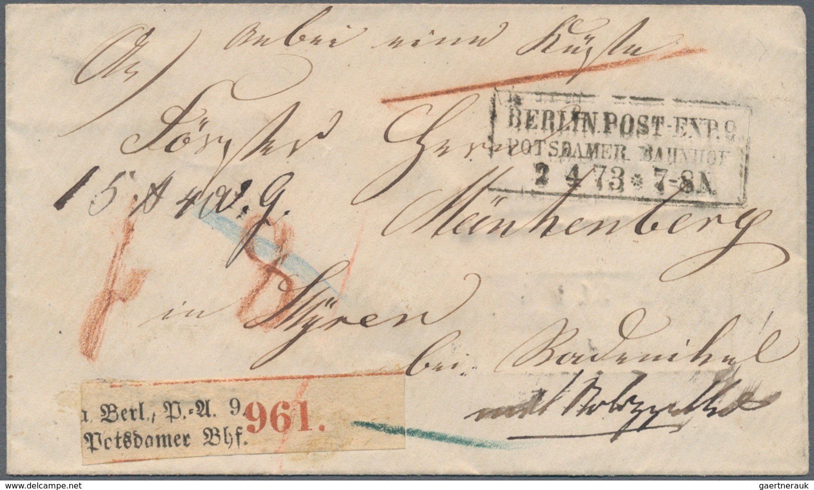 01282 Deutsches Reich - Stempel: 1873, "BERLIN. POST-EXP. 9/ POTSDAMER BAHNHOF/ 2.4.73 * 7-8 N", Drei Beso - Frankeermachines (EMA)