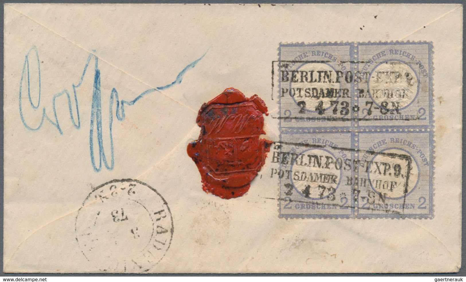 01282 Deutsches Reich - Stempel: 1873, "BERLIN. POST-EXP. 9/ POTSDAMER BAHNHOF/ 2.4.73 * 7-8 N", Drei Beso - Maschinenstempel (EMA)