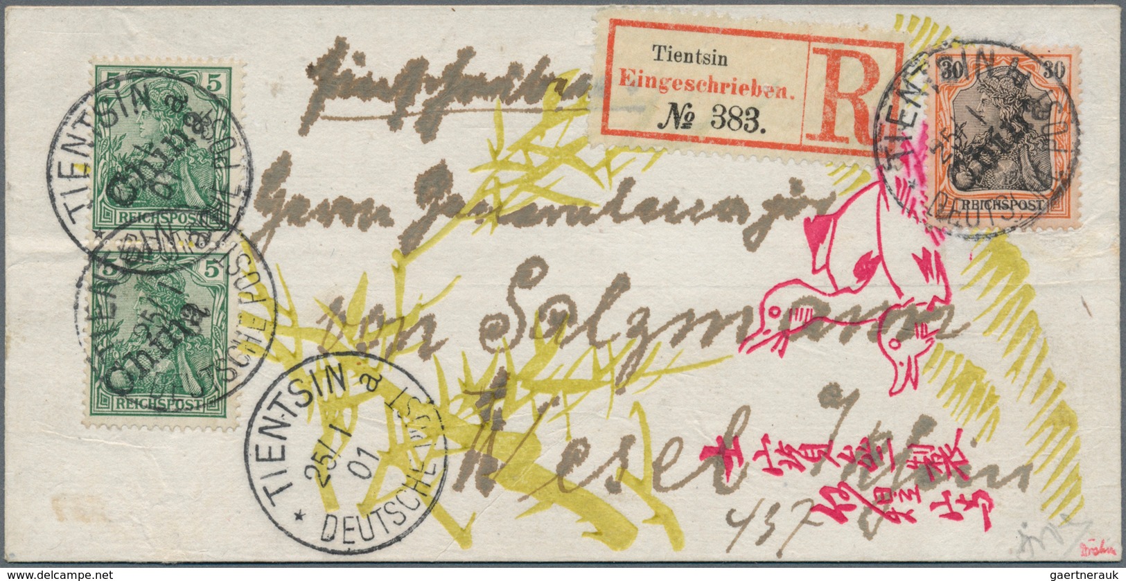 01287 Deutsche Post In China: 1900: 30 Pfg. Germania Orange/schwarz Auf Lachsfarben, Tientsin-Handstempela - China (kantoren)