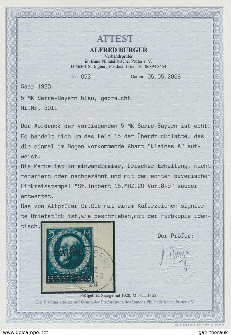 01310 Deutsche Abstimmungsgebiete: Saargebiet: 1920, 5 Mark Blau, Sarre-Bayern Mit AUFDRUCK-ABART: ''Kleine - Autres & Non Classés