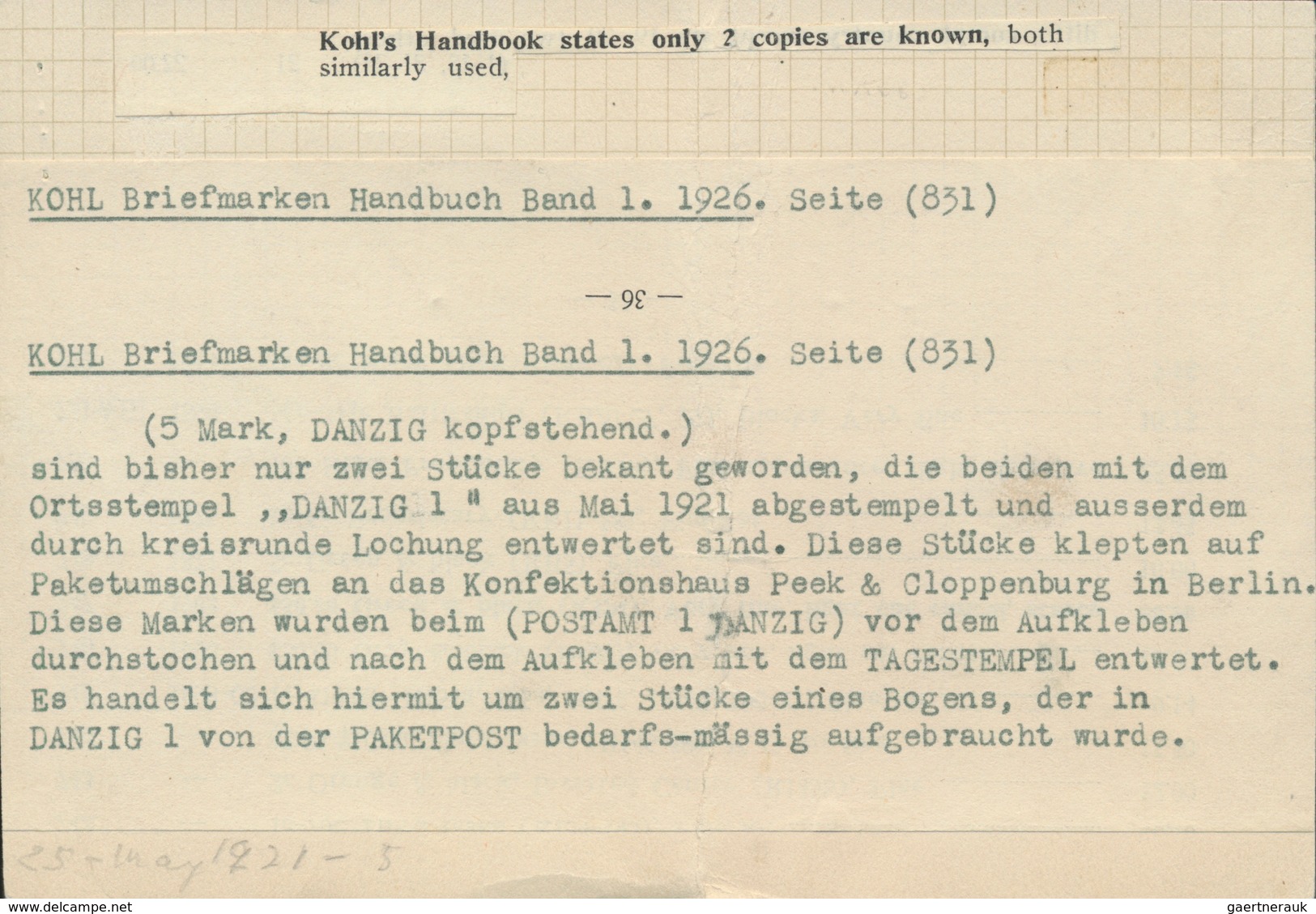 01312A Danzig: 1921: 5 Mark Mit KOPFSTEHENDEM Aufdruck DANZIG, Entwertet «DANZIG 1 K 26.5.21» Mit Obligator - Sonstige & Ohne Zuordnung