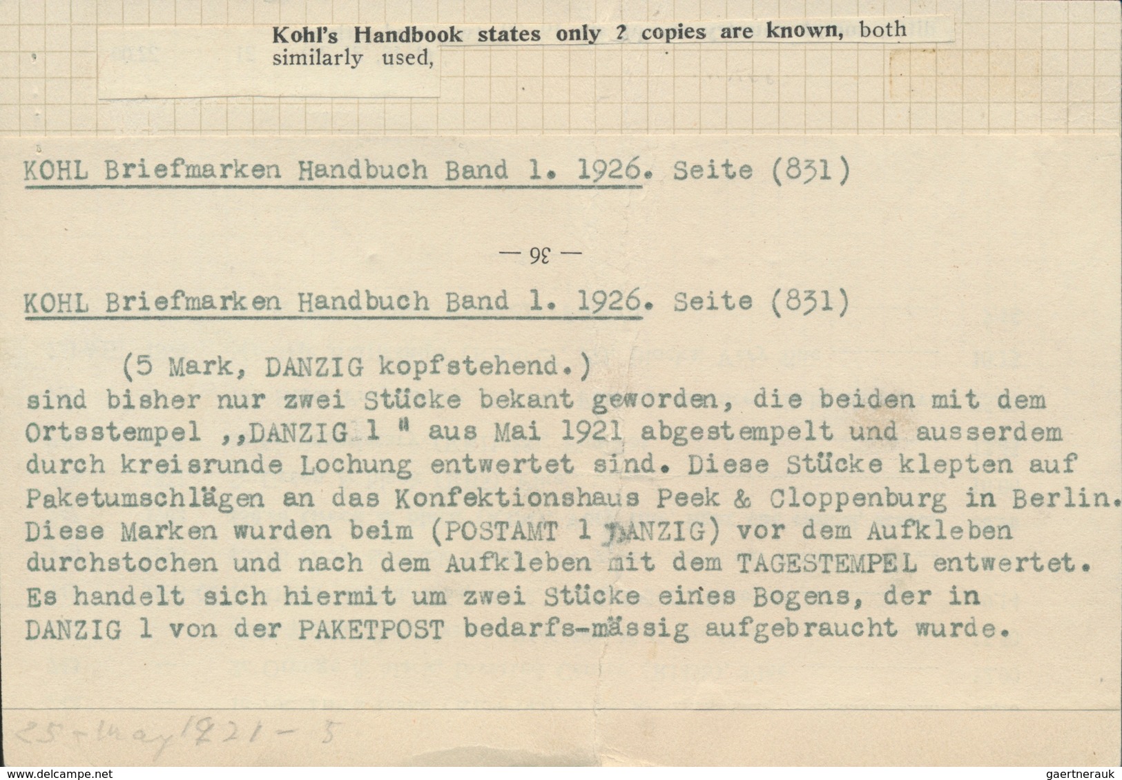 01312A Danzig: 1921: 5 Mark Mit KOPFSTEHENDEM Aufdruck DANZIG, Entwertet «DANZIG 1 K 26.5.21» Mit Obligator - Other & Unclassified