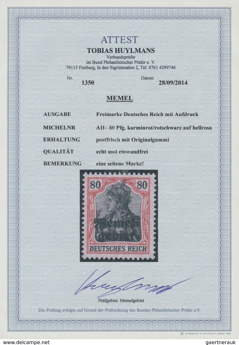 01313 Memel: 1920, Nicht Ausgegebene Germania-Aufdruckmarke ''Memelgebiet'' 80 Pf Karminrot-schwarz Auf Hell - Memelgebiet 1923