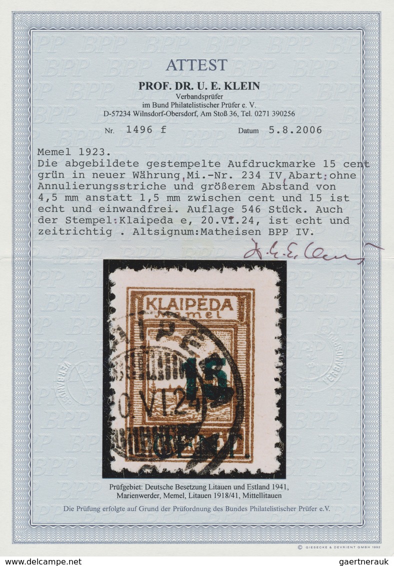 01314 Memel: 1923, 15 C. Auf 50 M., Grüner Aufdruck, Type IV = Ohne Annulierungsstriche Und Größerem Absta - Memel (Klaïpeda) 1923