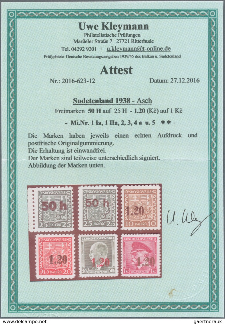 01315 Sudetenland - Asch: 1938, Asch Satz Mit Aufdruck Mit Beiden Typen Dünner Und Dicker Aufdruck, 6 Wert - Région Des Sudètes