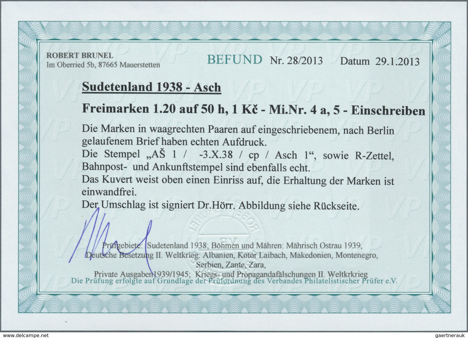 01319 Sudetenland - Asch: 1938, 1,20 Kc. Auf 20 H. Staatswappen Mit Zwei Leicht Versetzten Aufdrucken, Rec - Région Des Sudètes