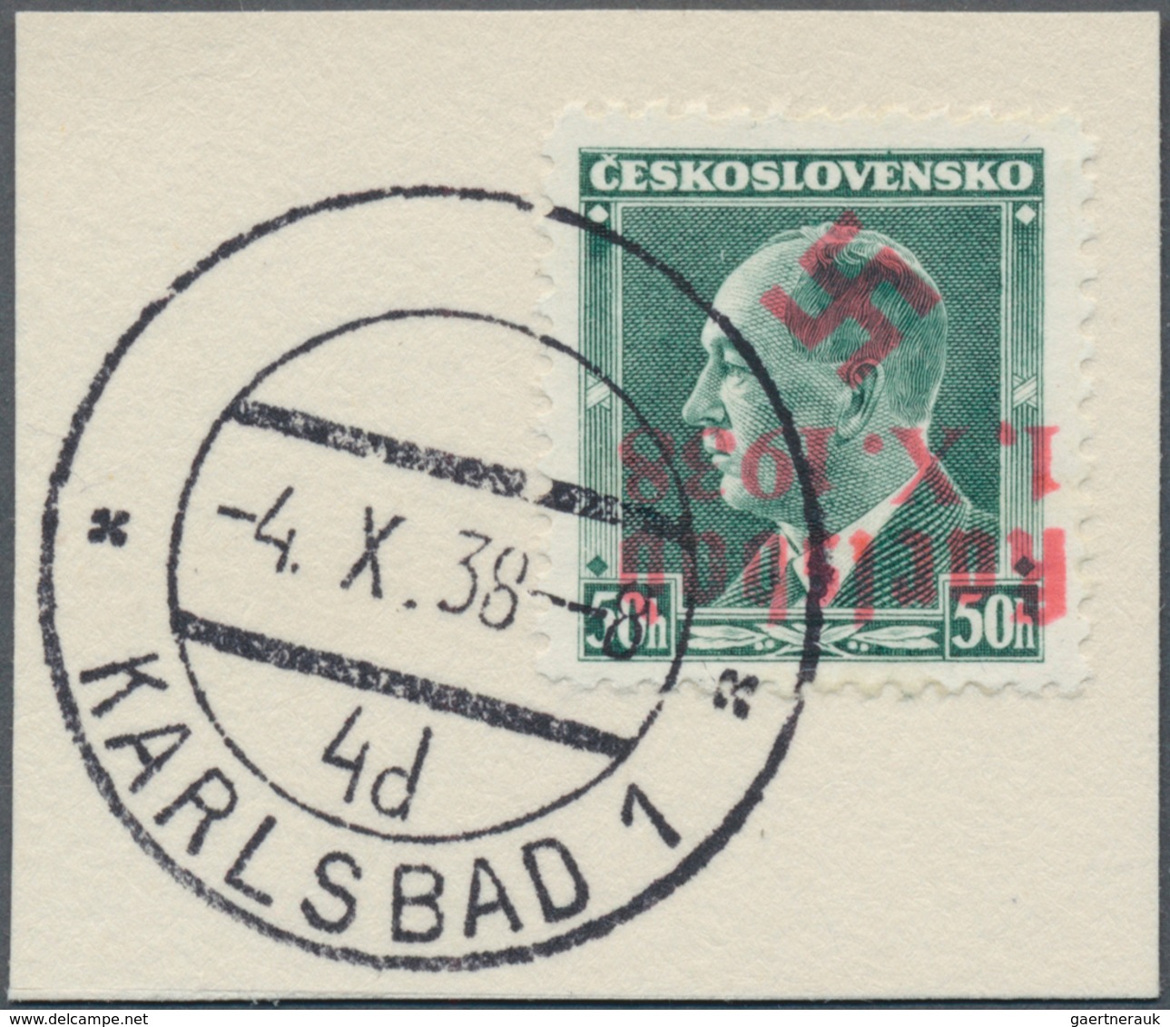 01326 Sudetenland - Karlsbad: 1938, Freimarke 50 Heller "Bene?", Bläulichgrün Mit KOPFSTEHENDEM Dunkelrosa - Région Des Sudètes