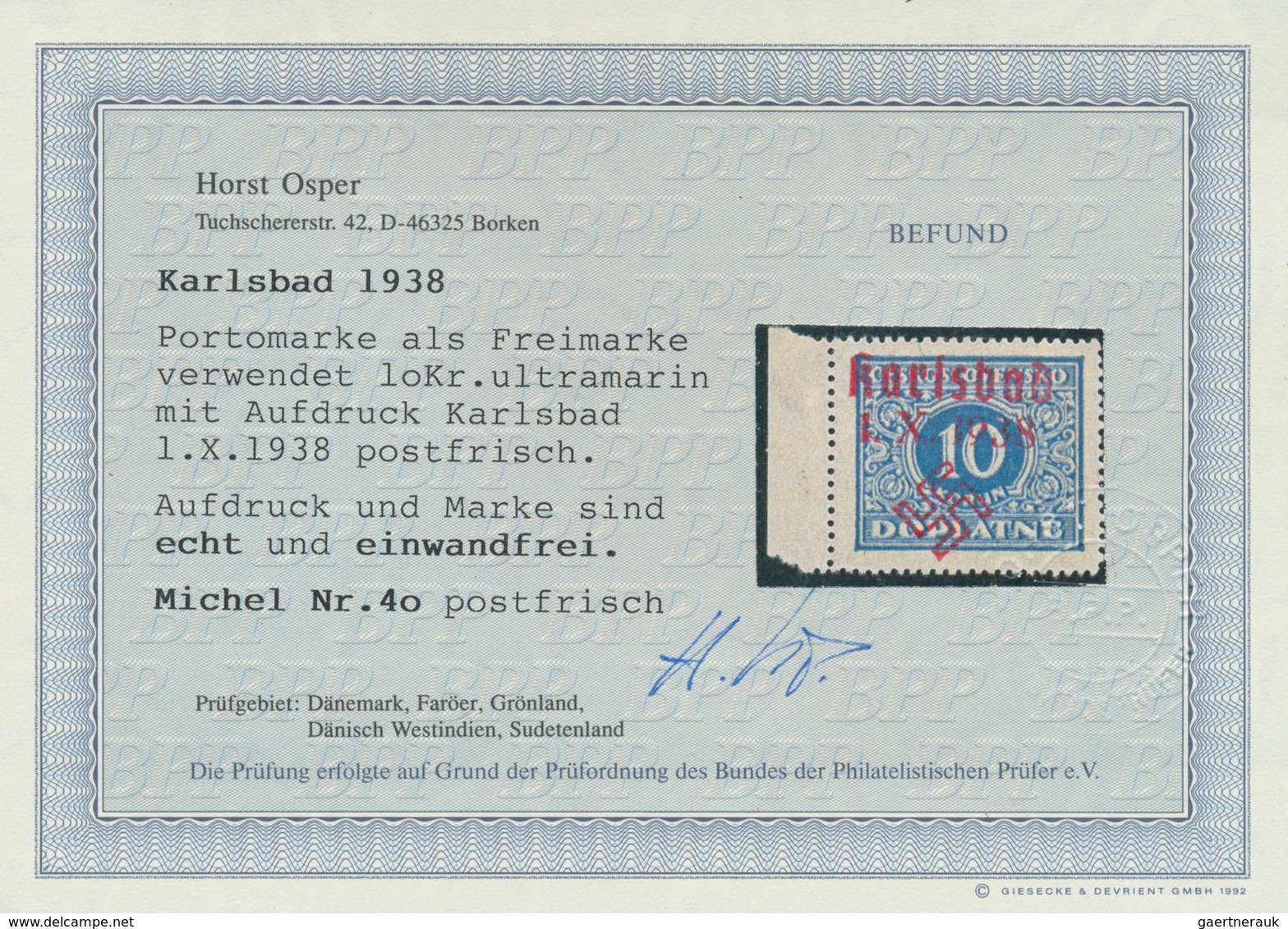 01332 Sudetenland - Karlsbad: 1938, Portomarken 5 H bis 20 Kc mit echten Handstempelaufdrucken, teils vom