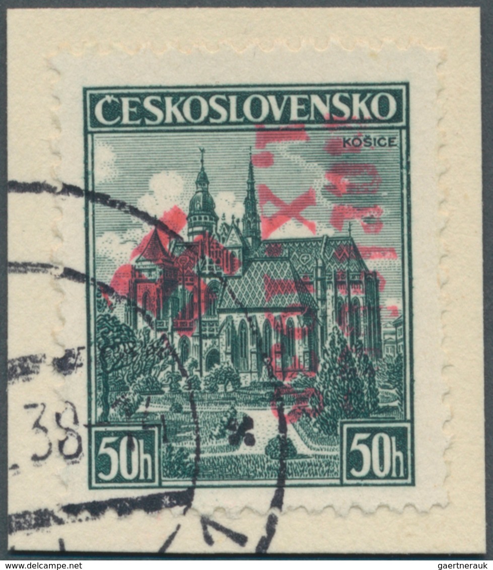 01339 Sudetenland - Karlsbad: 1938, 50 H. Kaschau Mit Senkrechten Aufdruck Auf Kleinem Briefstück, Entwert - Sudetenland