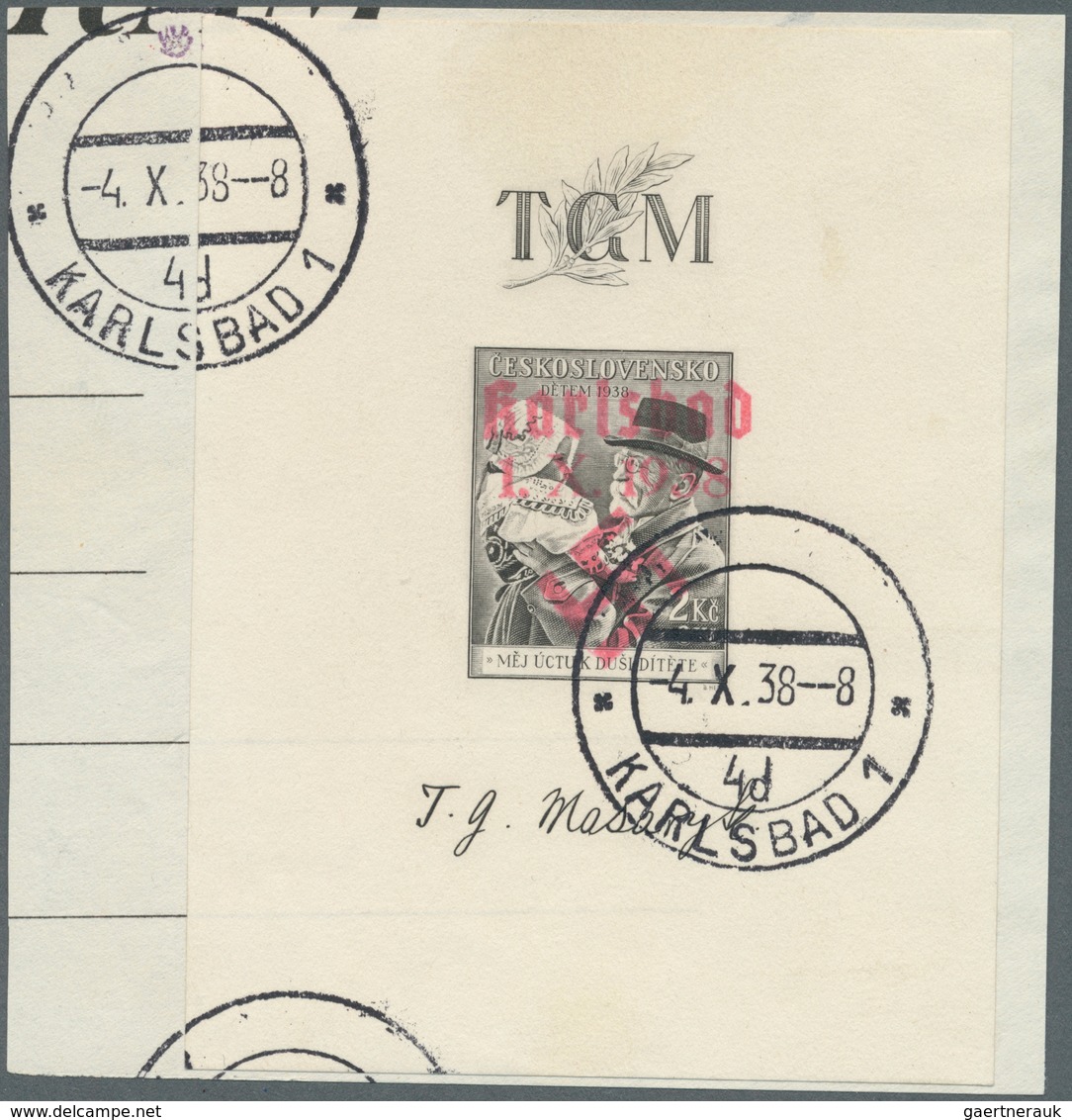 01342 Sudetenland - Karlsbad: 1938, Blockausgabe Masary Mit Kind Auf Briefstück (Block Leicht Fleckig), En - Région Des Sudètes