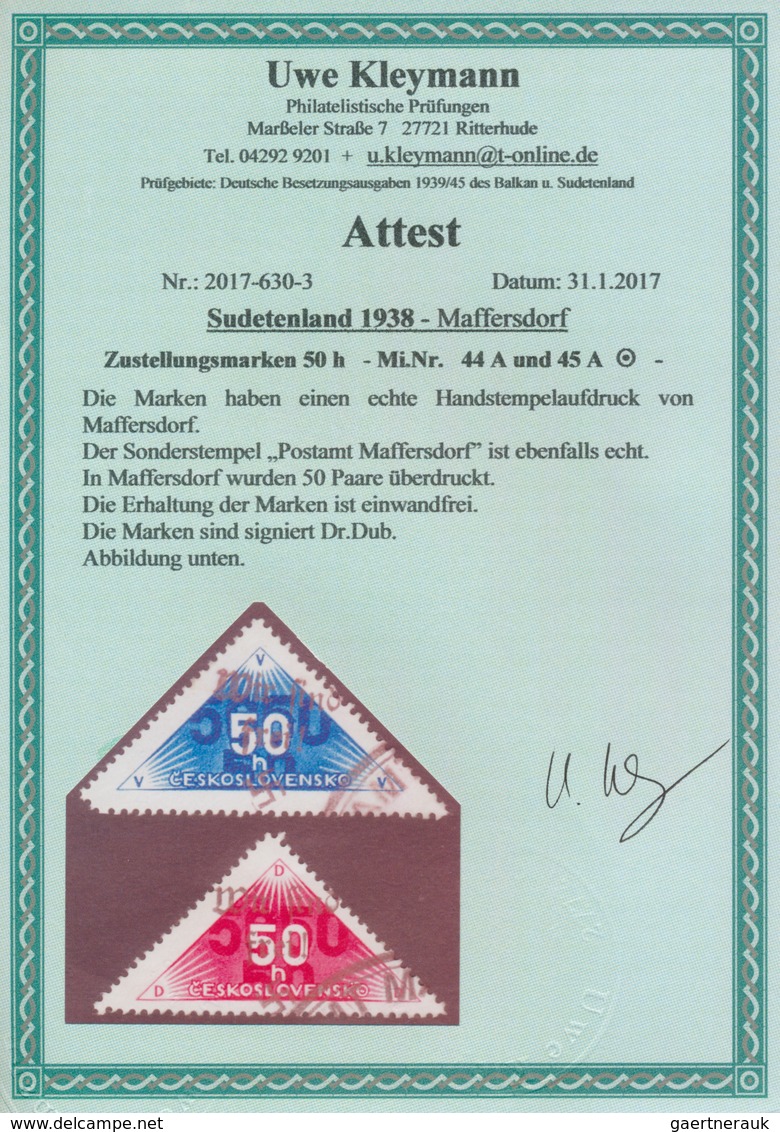 01347 Sudetenland - Maffersdorf: 1938, Zustellungsmarken 50 H. Schwärzlichultramarin Und 50 H. Lebhaftmage - Région Des Sudètes