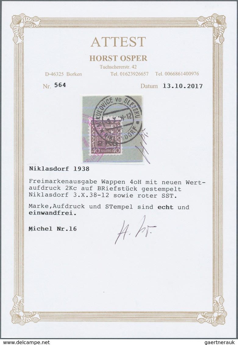 01350 Sudetenland - Niklasdorf: 1938, Freimarke Wappen Mit Handstempelaufdruck 2 Kc. Auf 40 H. Dunkelrotbr - Région Des Sudètes