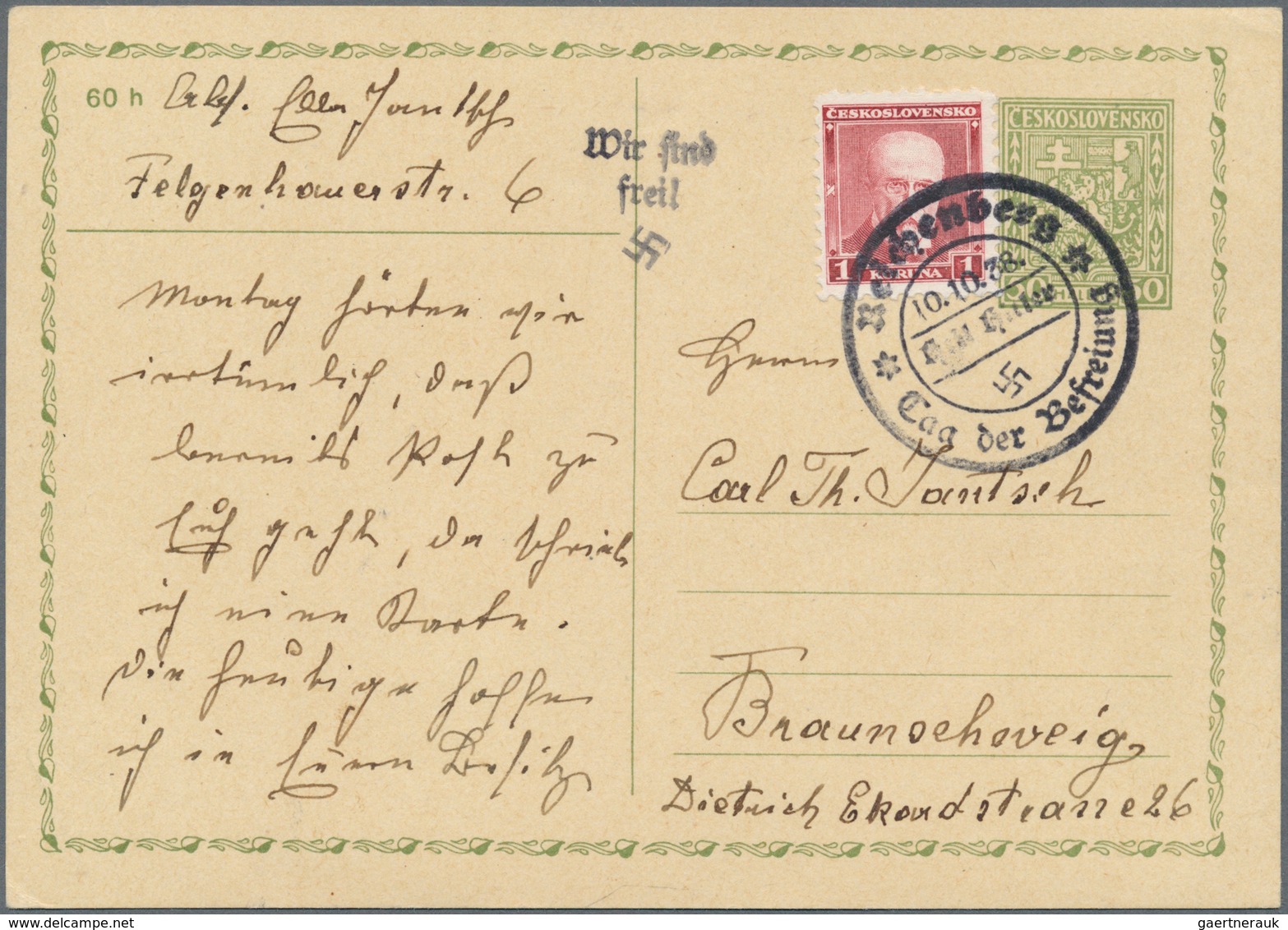 01356 Sudetenland - Reichenberg: 1938, Freimarke "Präsident Masaryk", 1 K? Karminrot Auf Ganzsachenkarte M - Sudetenland