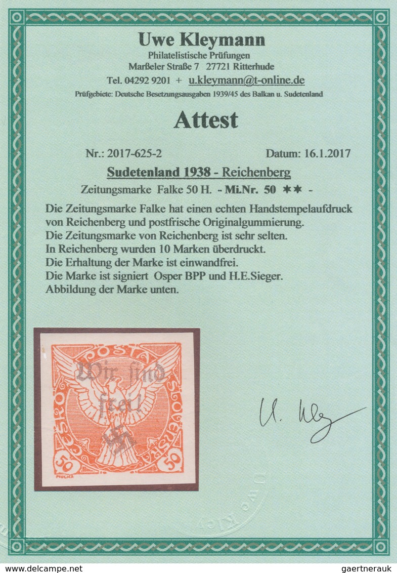 01362 Sudetenland - Reichenberg: 1938, Zeitungsmarke 50 H Falke Orange, Postfrisch, Sehr Selten, Da Die Au - Région Des Sudètes
