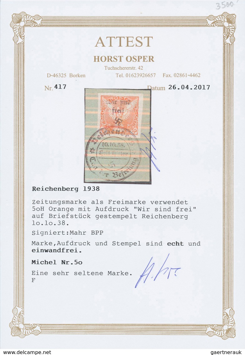 01363 Sudetenland - Reichenberg: 1938, Zeitungsmarke 50 H Orange Mit Aufdruck "Wir Sind Frei" Breitrandig - Région Des Sudètes