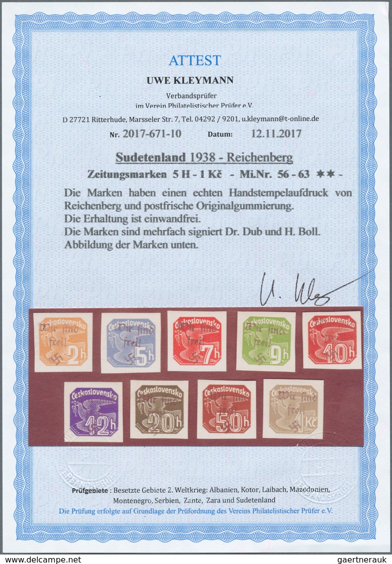 01365 Sudetenland - Reichenberg: 1938, Zeitungsmarken 2 H Bis 1 Kc., Mit Handstempelaufdruck "Wir Sind Fre - Région Des Sudètes