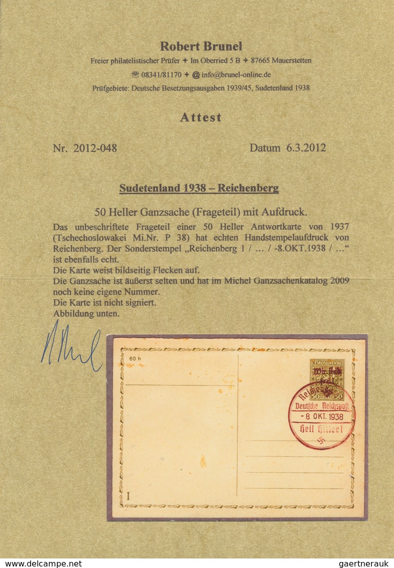 01374 Sudetenland - Reichenberg - Ganzsachen: 1938, 50 H. Ganzsachen-Fragekarten-UNIKAT (!) Mit Handstempe - Autres & Non Classés