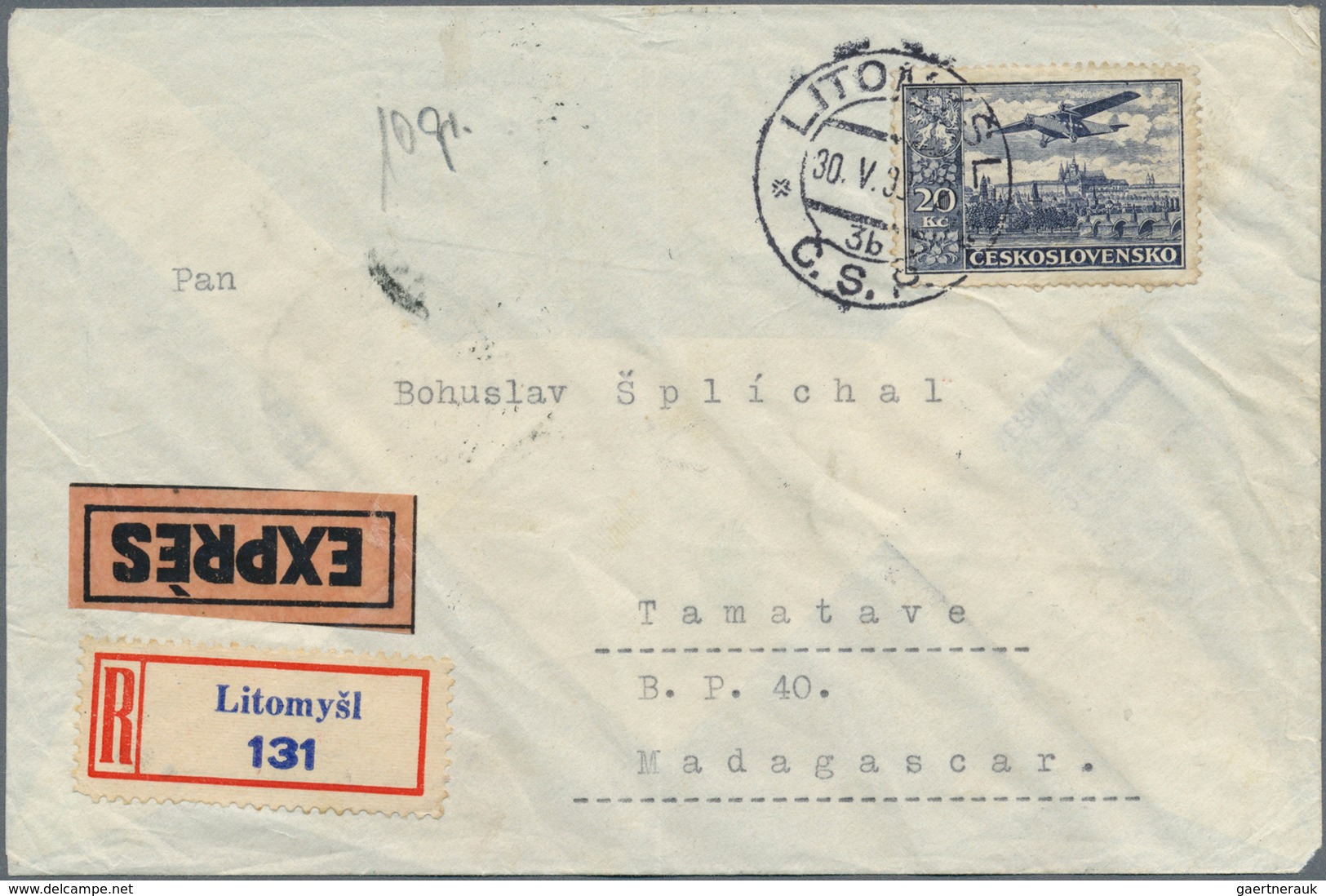 01382 Dt. Besetzung II WK - Böhmen Und Mähren: 1939, CSR Mitläufer 20 Kc Schwarzblau Flugpostmarke, Portog - Bezetting 1938-45