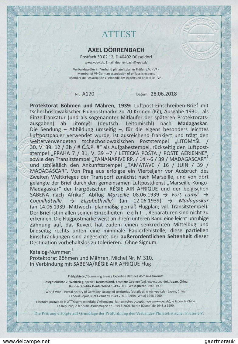 01382 Dt. Besetzung II WK - Böhmen Und Mähren: 1939, CSR Mitläufer 20 Kc Schwarzblau Flugpostmarke, Portog - Besetzungen 1938-45