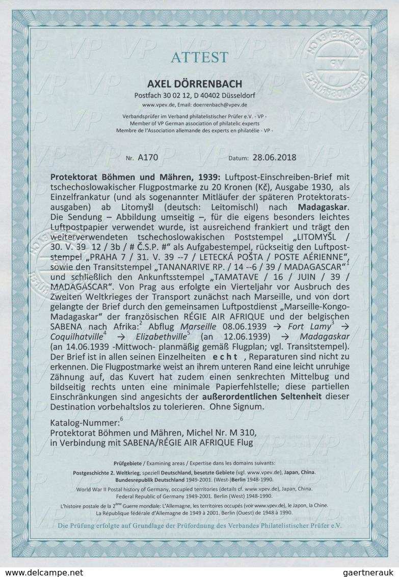01382 Dt. Besetzung II WK - Böhmen Und Mähren: 1939, CSR Mitläufer 20 Kc Schwarzblau Flugpostmarke, Portog - Bezetting 1938-45